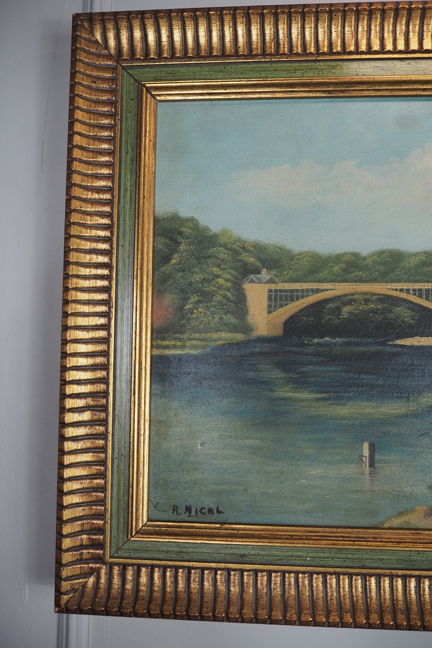 English Landscape Oil Painting by R.Nicol– Lower Hodder Bridge Scene Gold & Green Frame