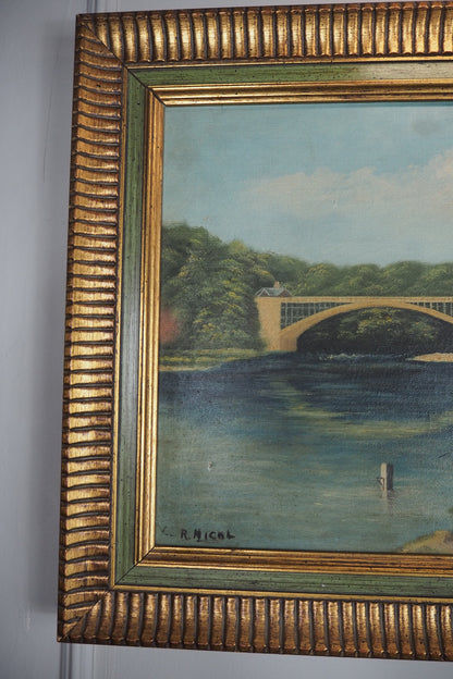 English Landscape Oil Painting by R.Nicol– Lower Hodder Bridge Scene Gold & Green Frame