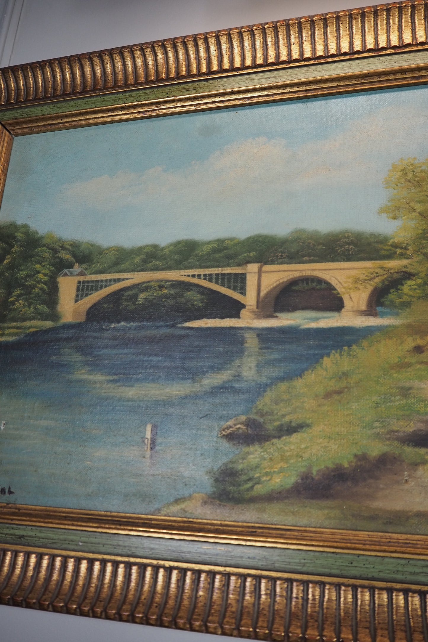 English Landscape Oil Painting by R.Nicol– Lower Hodder Bridge Scene Gold & Green Frame