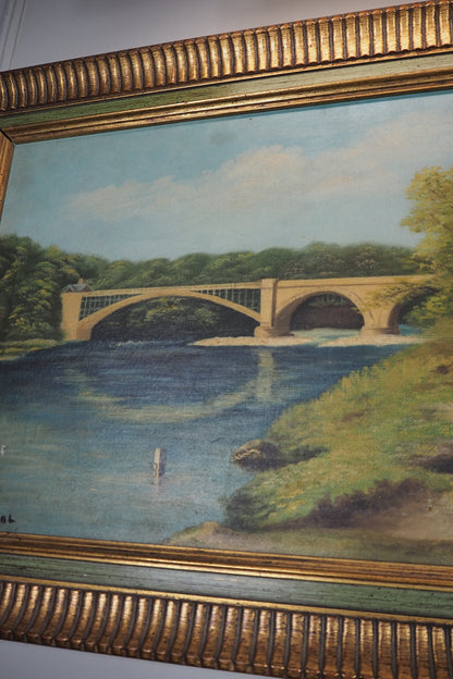 English Landscape Oil Painting by R.Nicol– Lower Hodder Bridge Scene Gold & Green Frame