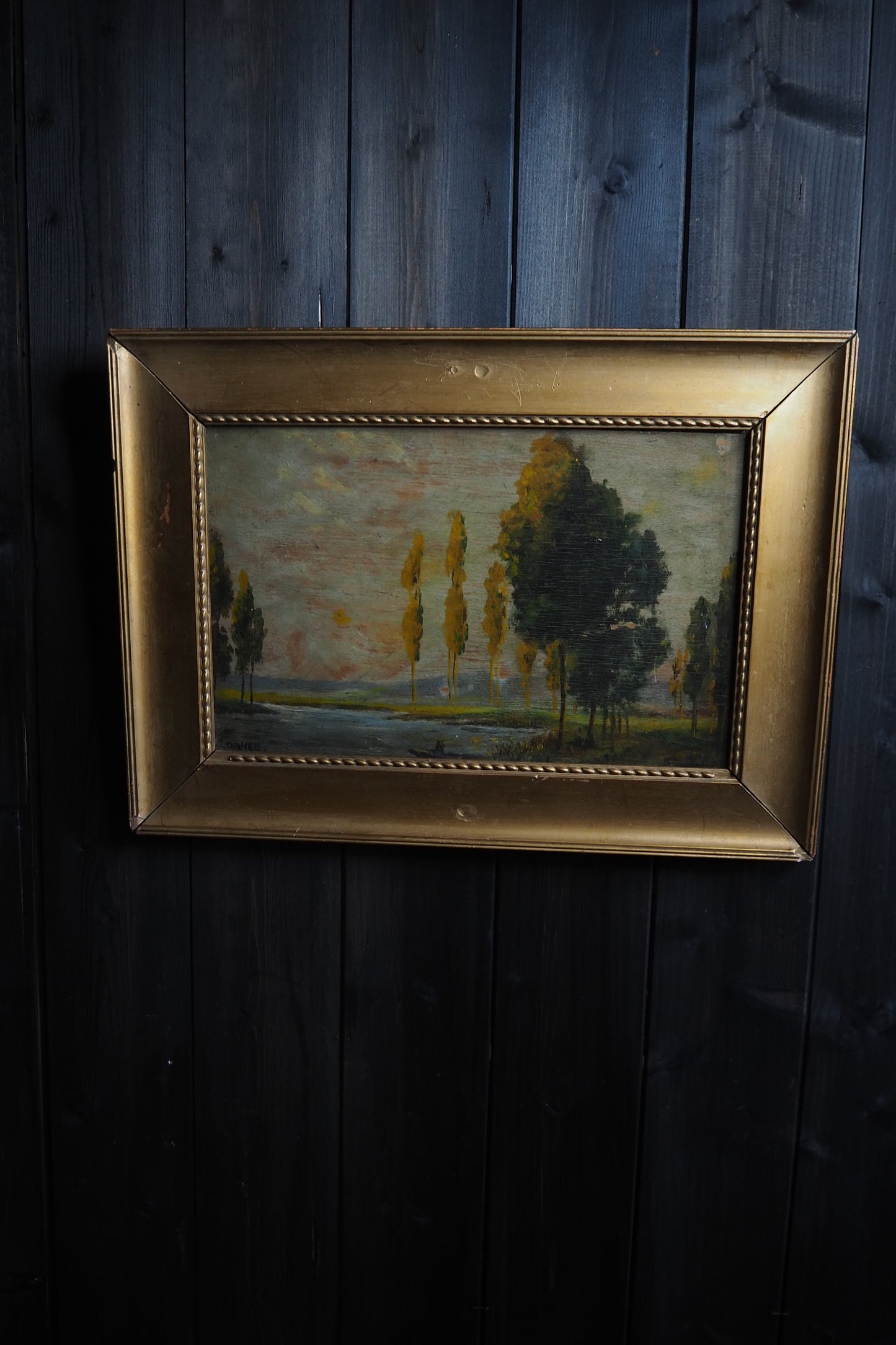 Antique Dark Landscape Oil Painting French Style Windswept Trees