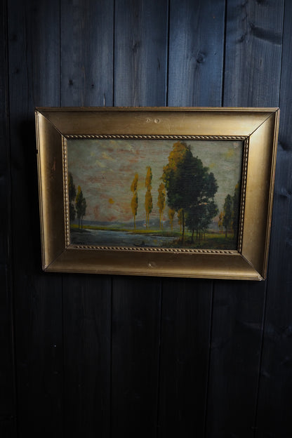 Antique Dark Landscape Oil Painting French Style Windswept Trees