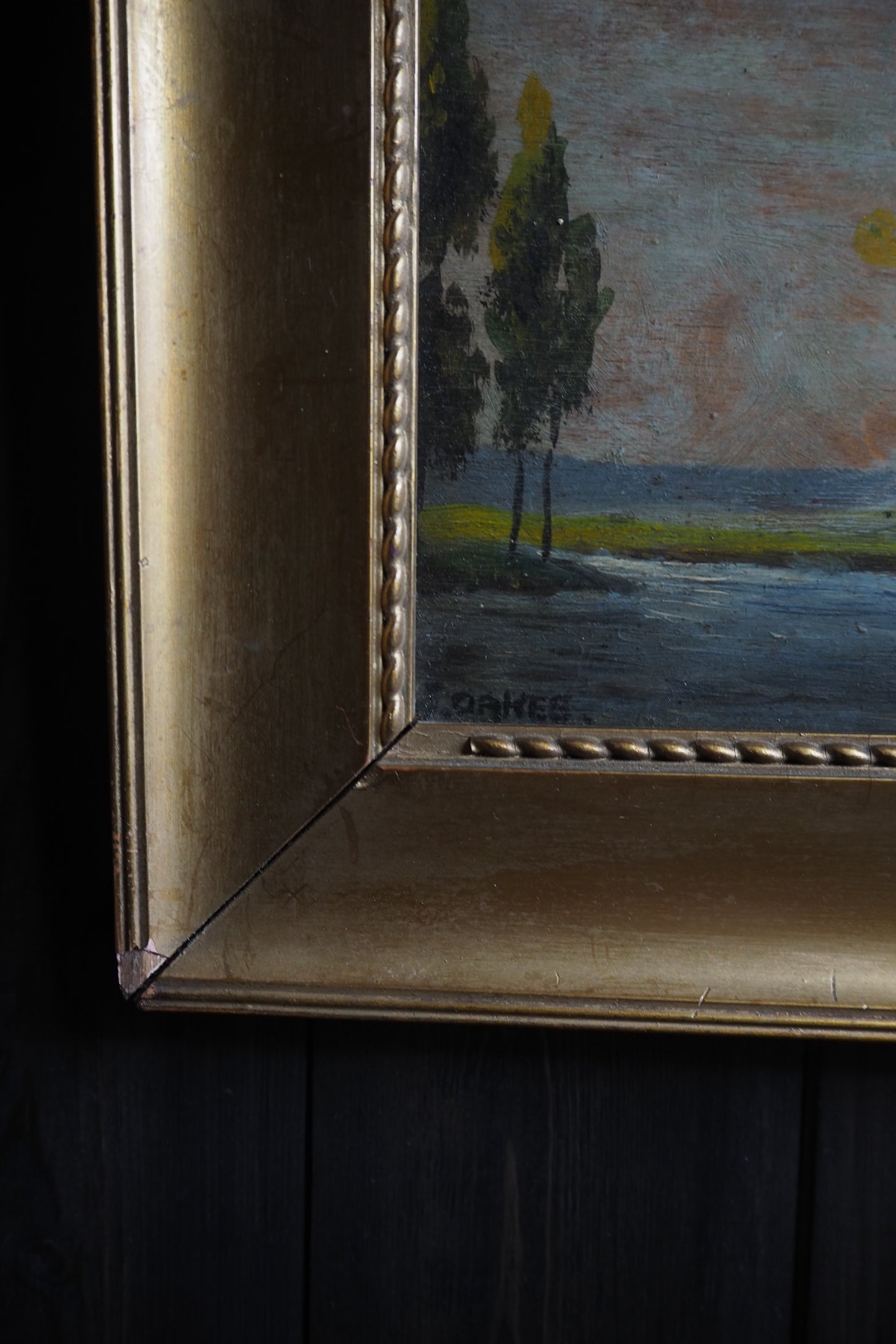 Antique Dark Landscape Oil Painting French Style Windswept Trees
