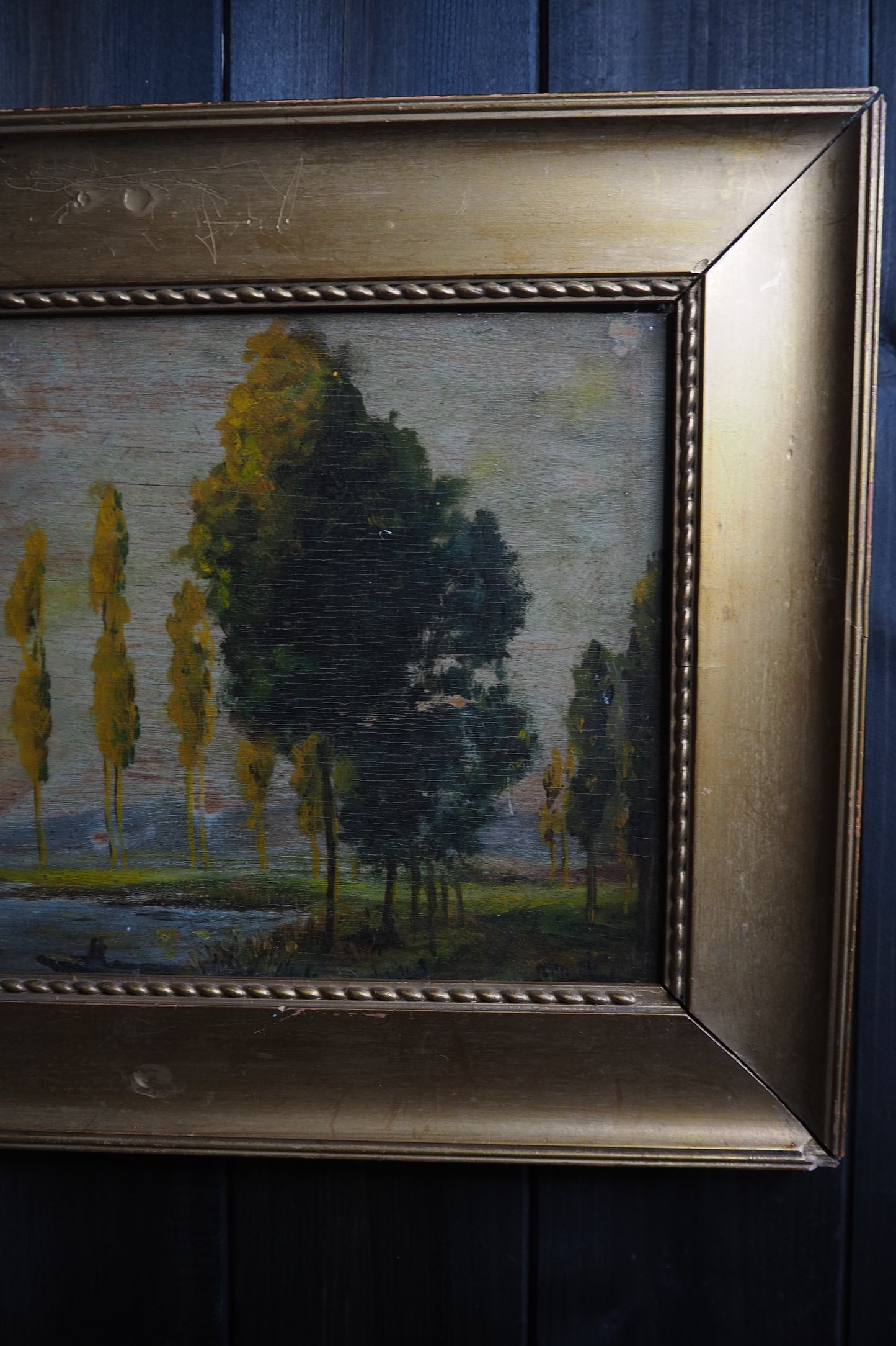 Antique Dark Landscape Oil Painting French Style Windswept Trees