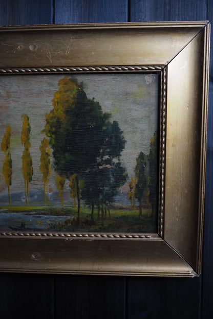 Antique Dark Landscape Oil Painting French Style Windswept Trees