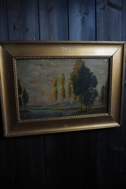 Antique Dark Landscape Oil Painting French Style Windswept Trees