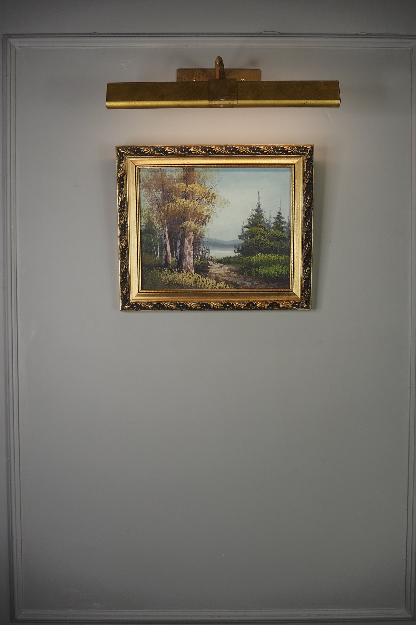 Mid Century Oil Painting – Signed Landscape with Trees by the Lake