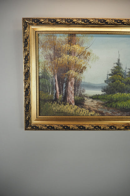 Mid Century Oil Painting – Signed Landscape with Trees by the Lake