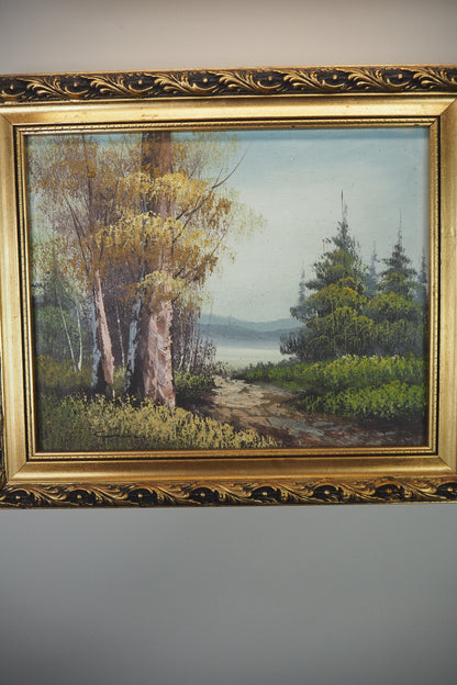 Mid Century Oil Painting – Signed Landscape with Trees by the Lake