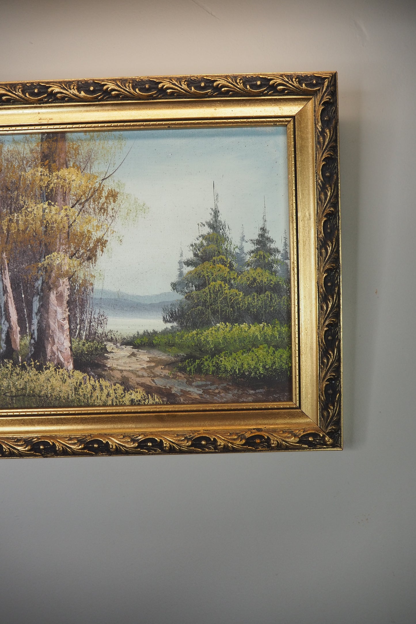 Mid Century Oil Painting – Signed Landscape with Trees by the Lake