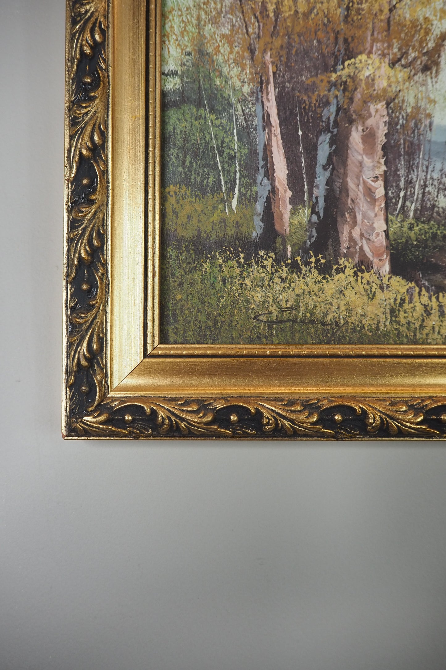 Mid Century Oil Painting – Signed Landscape with Trees by the Lake