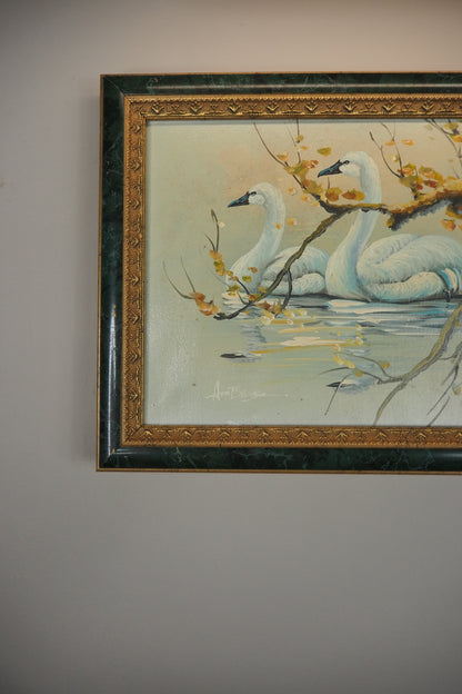 Grace Upon the Water" – Signed Mid-Century Oil Painting of a Swan