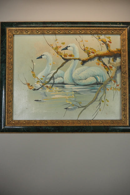Grace Upon the Water" – Signed Mid-Century Oil Painting of a Swan