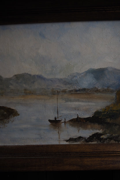 Vintage Rustic Oil Painting by E. Henstock in a Wooden Oak Picture Frame