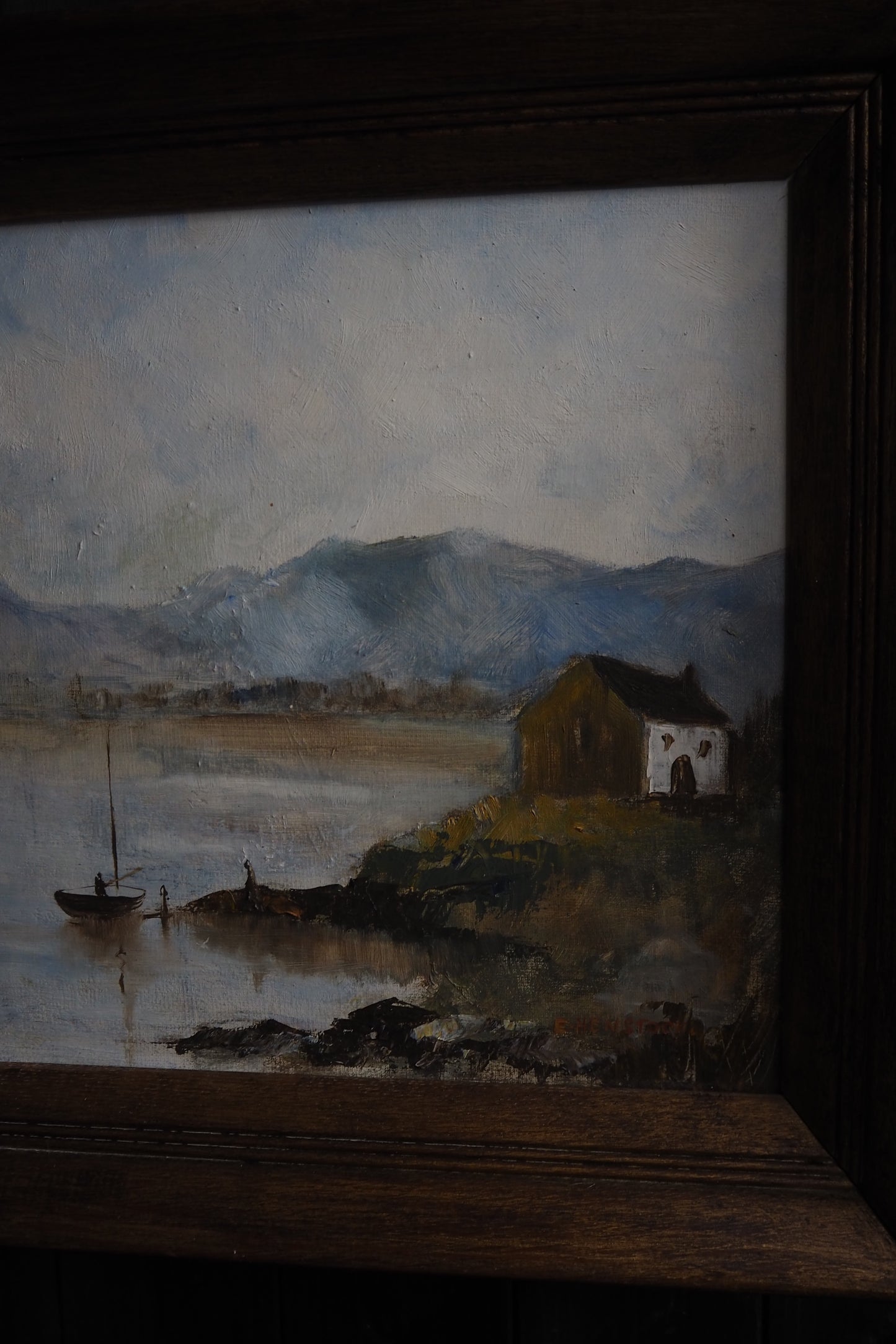 Vintage Rustic Oil Painting by E. Henstock in a Wooden Oak Picture Frame