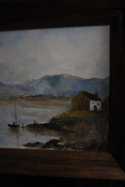 Vintage Rustic Oil Painting by E. Henstock in a Wooden Oak Picture Frame