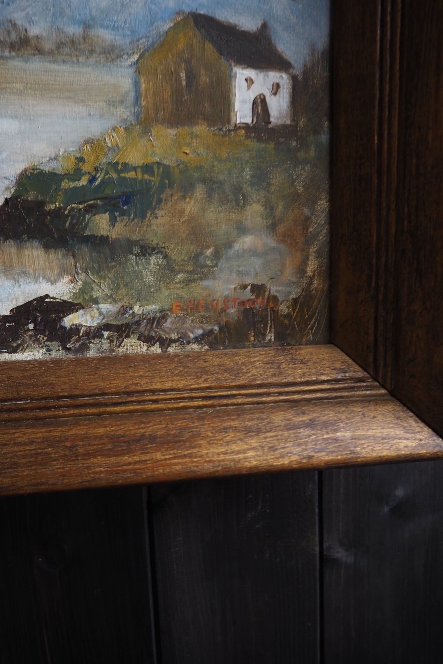 Vintage Rustic Oil Painting by E. Henstock in a Wooden Oak Picture Frame