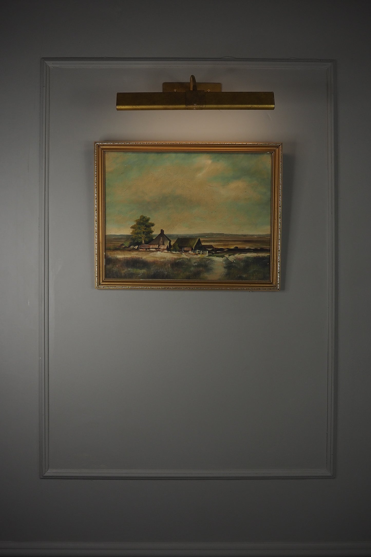 Vintage Farmhouse Oil Painting on Board Rustic Field Landscape