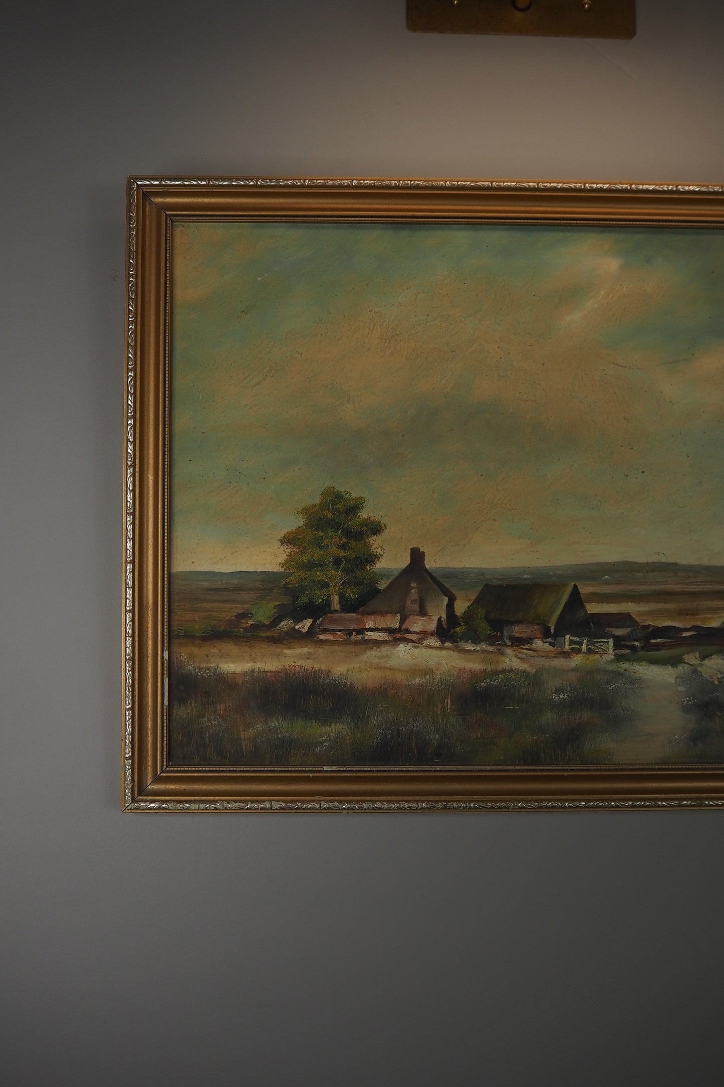 Vintage Farmhouse Oil Painting on Board Rustic Field Landscape