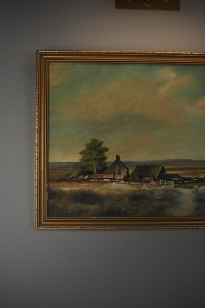 Vintage Farmhouse Oil Painting on Board Rustic Field Landscape