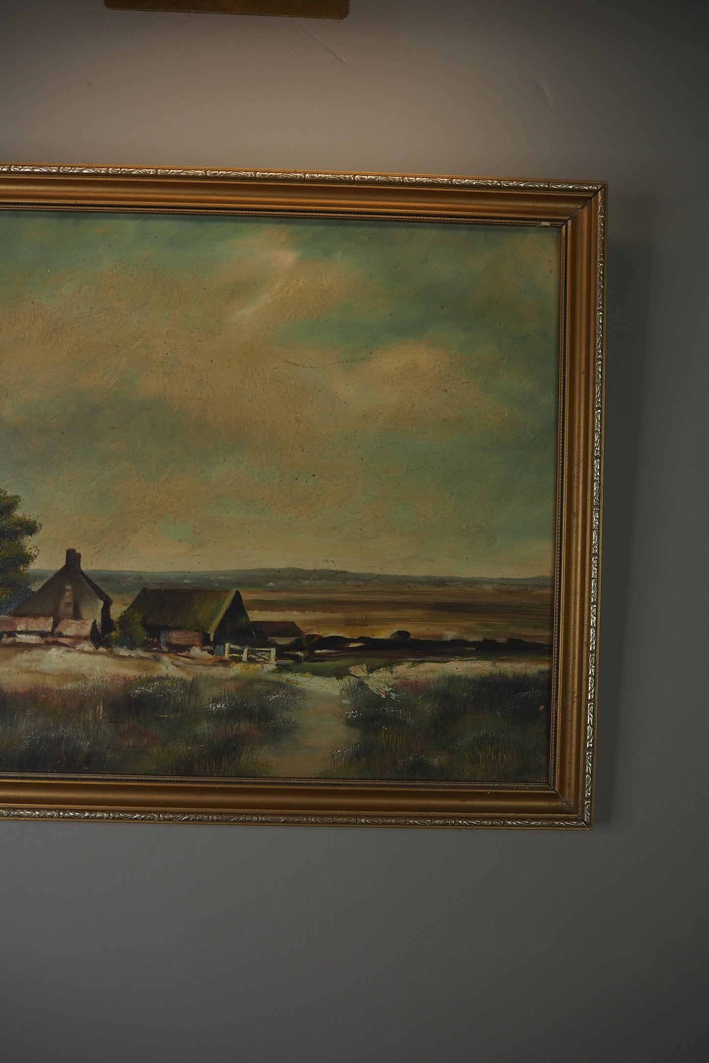 Vintage Farmhouse Oil Painting on Board Rustic Field Landscape