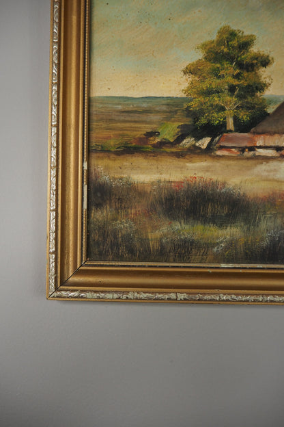 Vintage Farmhouse Oil Painting on Board Rustic Field Landscape
