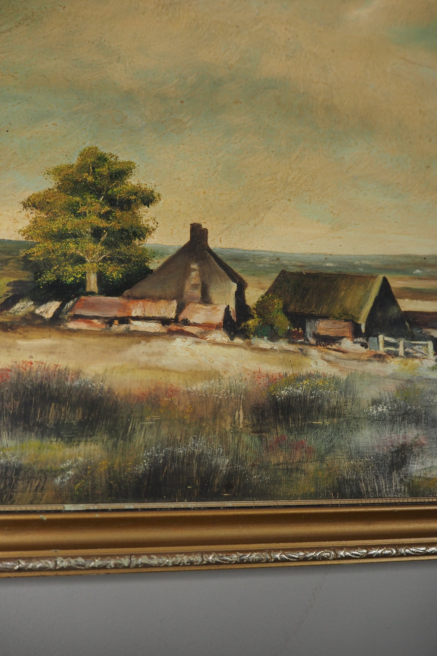 Vintage Farmhouse Oil Painting on Board Rustic Field Landscape