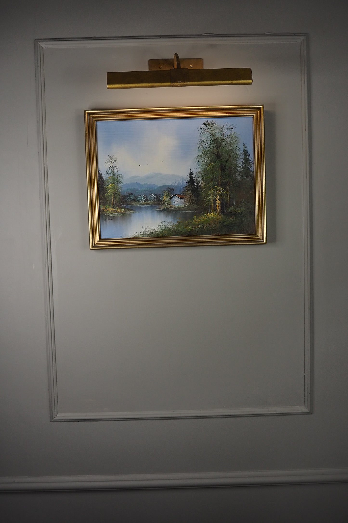 Vintage Oil Painting Lonely House by Lake Signed by L.Able