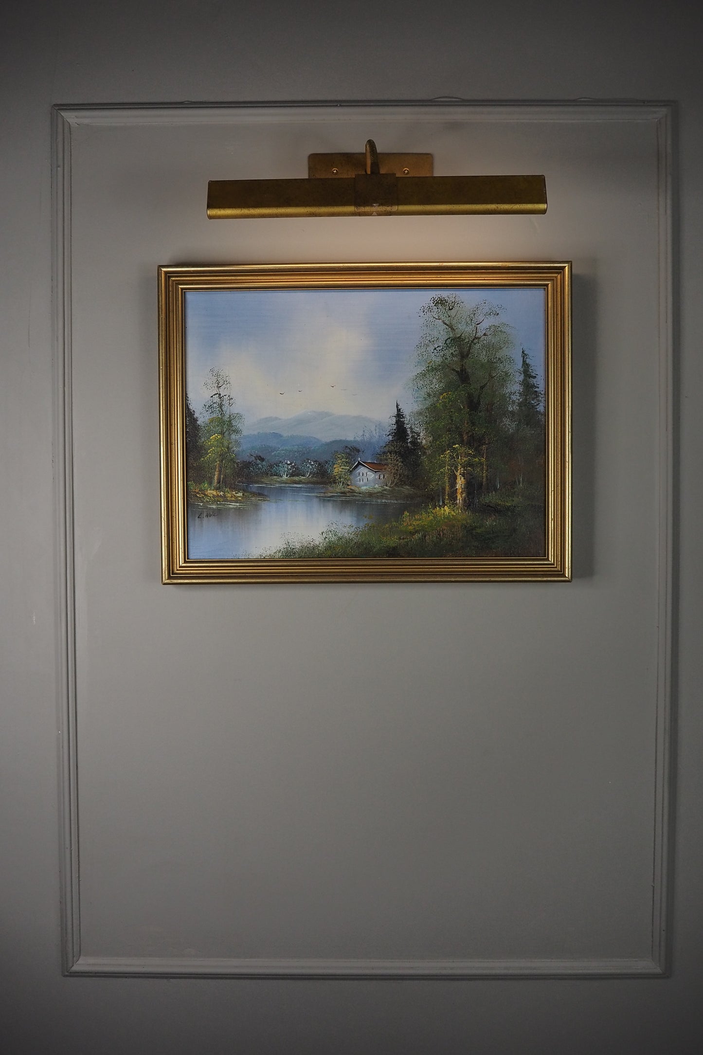 Vintage Oil Painting Lonely House by Lake Signed by L.Able