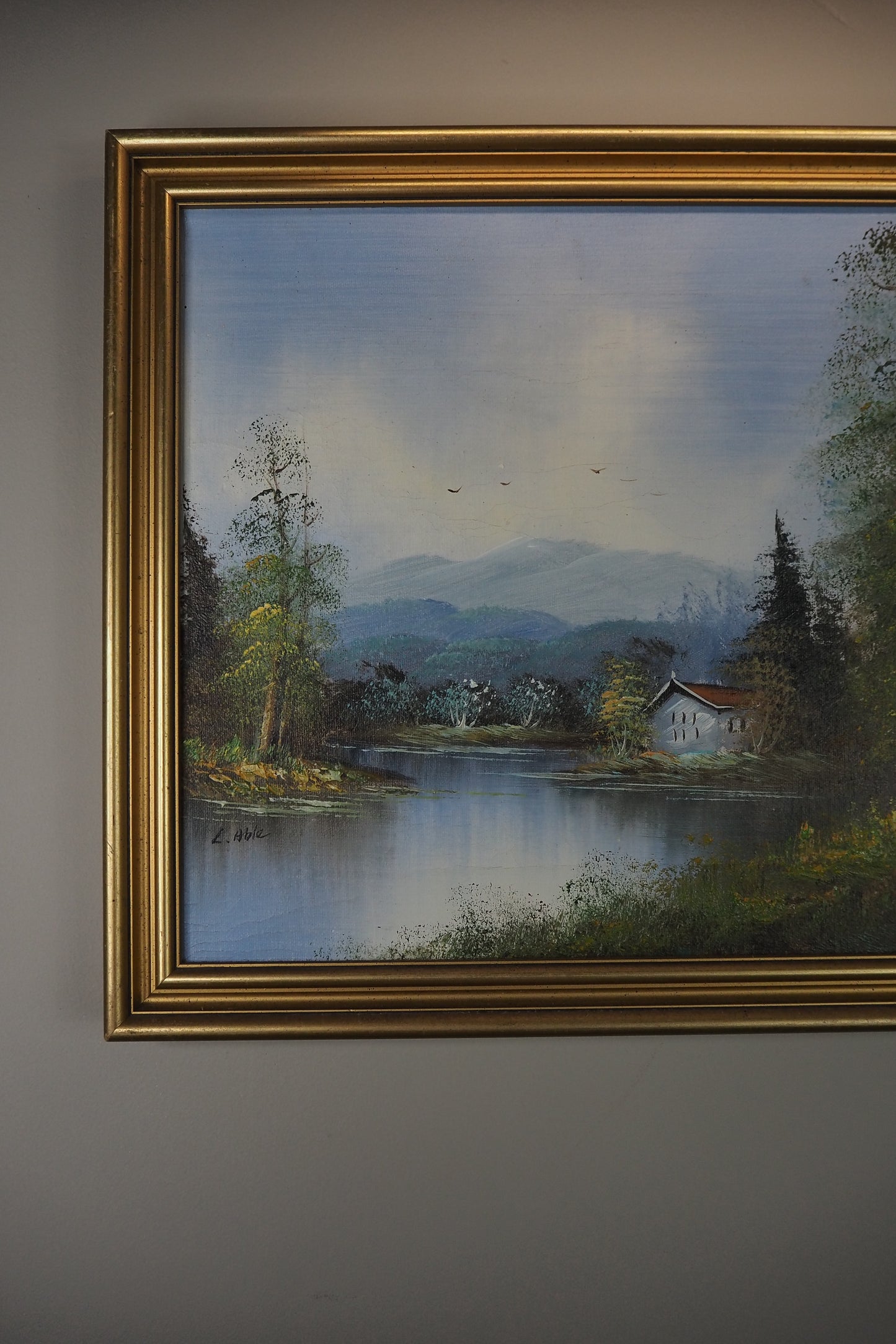Vintage Oil Painting Lonely House by Lake Signed by L.Able