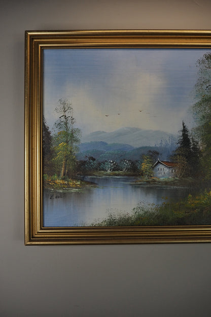 Vintage Oil Painting Lonely House by Lake Signed by L.Able