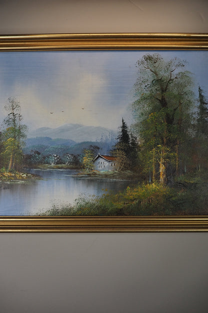 Vintage Oil Painting Lonely House by Lake Signed by L.Able