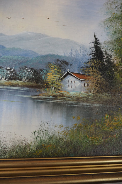 Vintage Oil Painting Lonely House by Lake Signed by L.Able