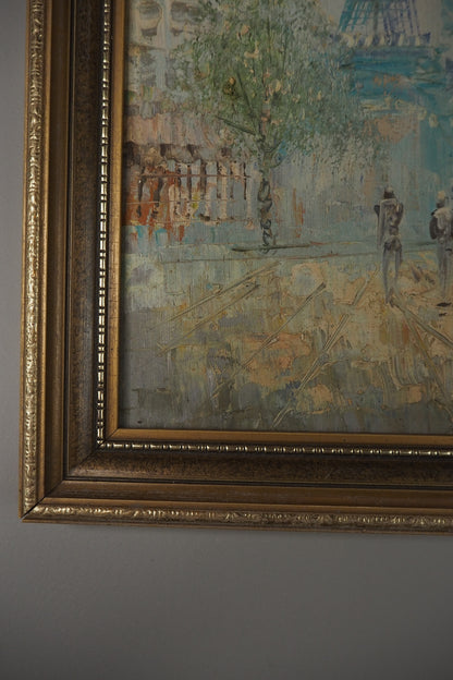 Signed Impressionist Paris Street Scene Oil Painting in Slim Frame