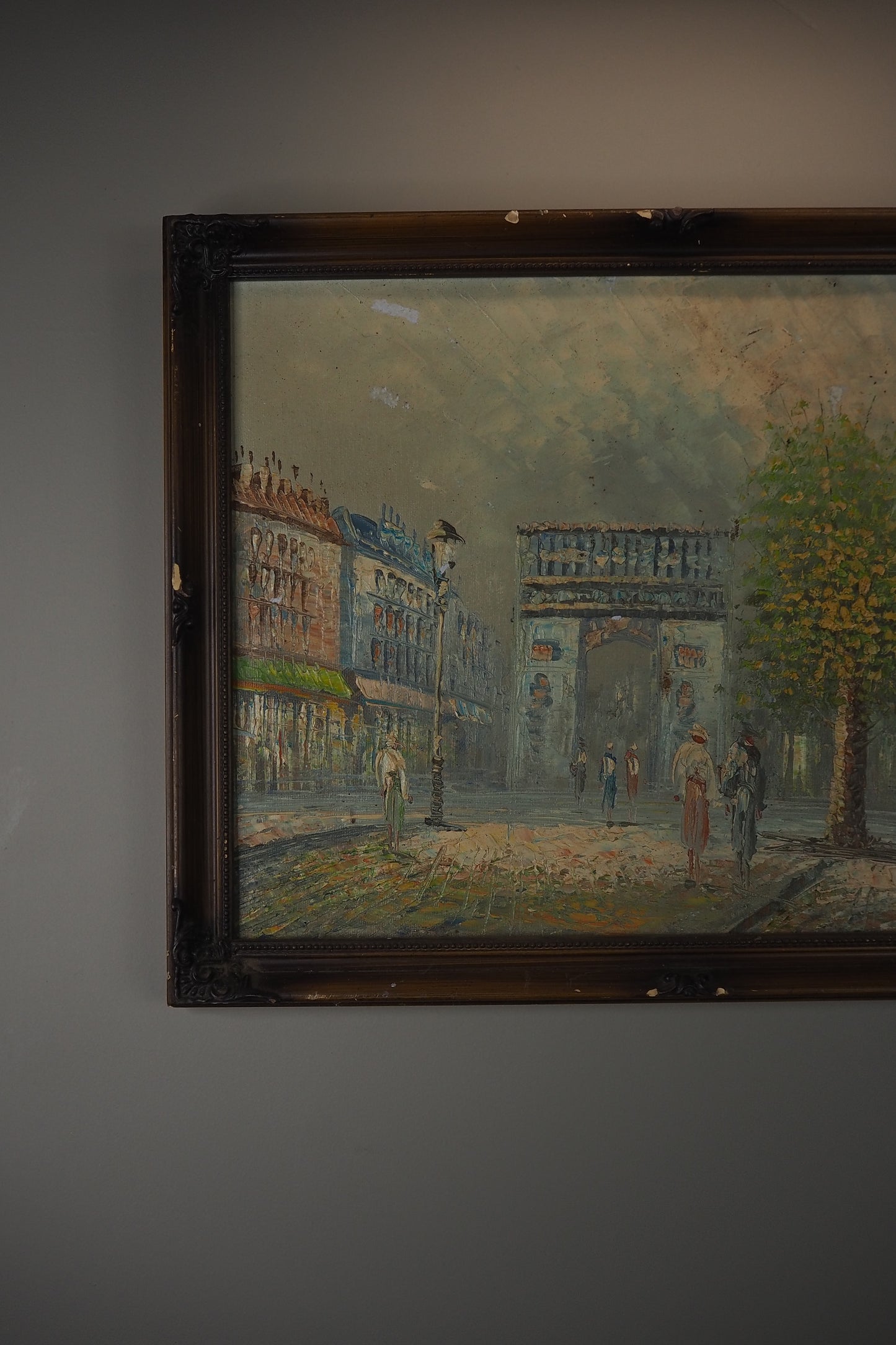 Midcentury Impressionist Paris Street Scene Oil Painting in ornate wooden frame