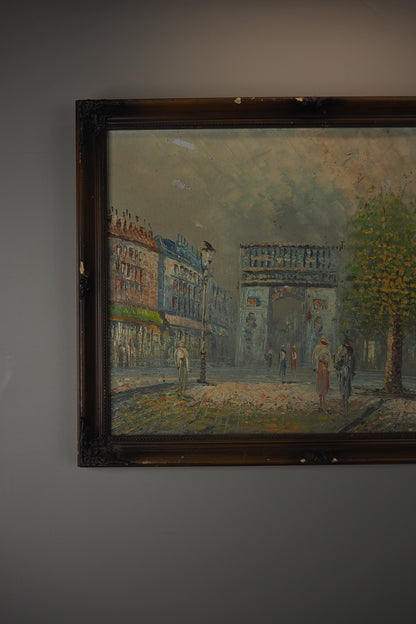 Midcentury Impressionist Paris Street Scene Oil Painting in ornate wooden frame
