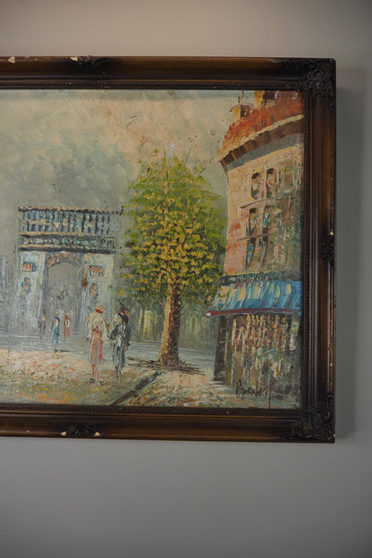 Midcentury Impressionist Paris Street Scene Oil Painting in ornate wooden frame
