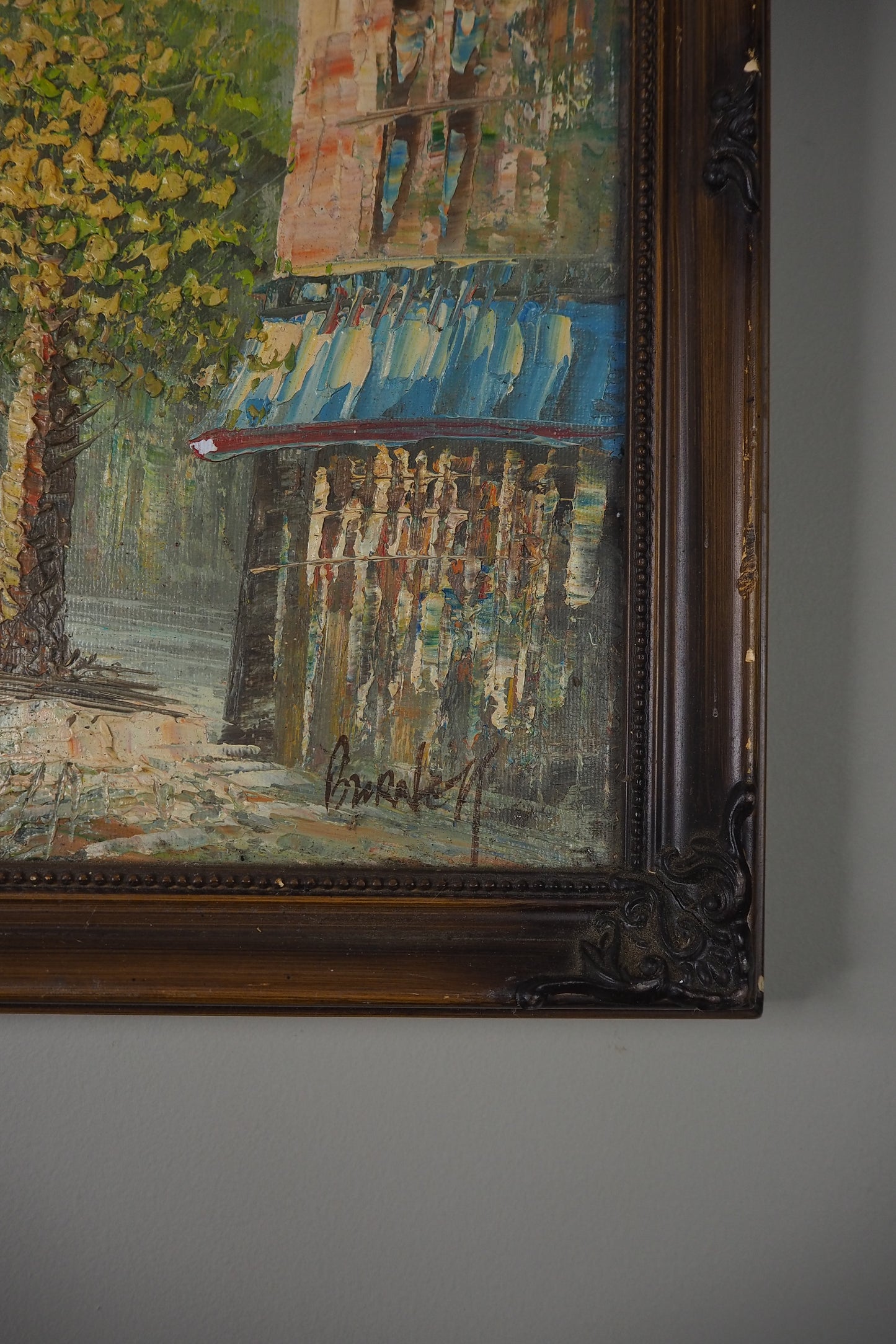 Midcentury Impressionist Paris Street Scene Oil Painting in ornate wooden frame