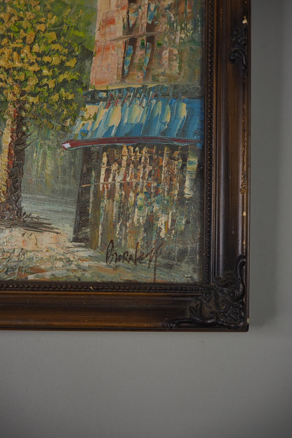 Midcentury Impressionist Paris Street Scene Oil Painting in ornate wooden frame