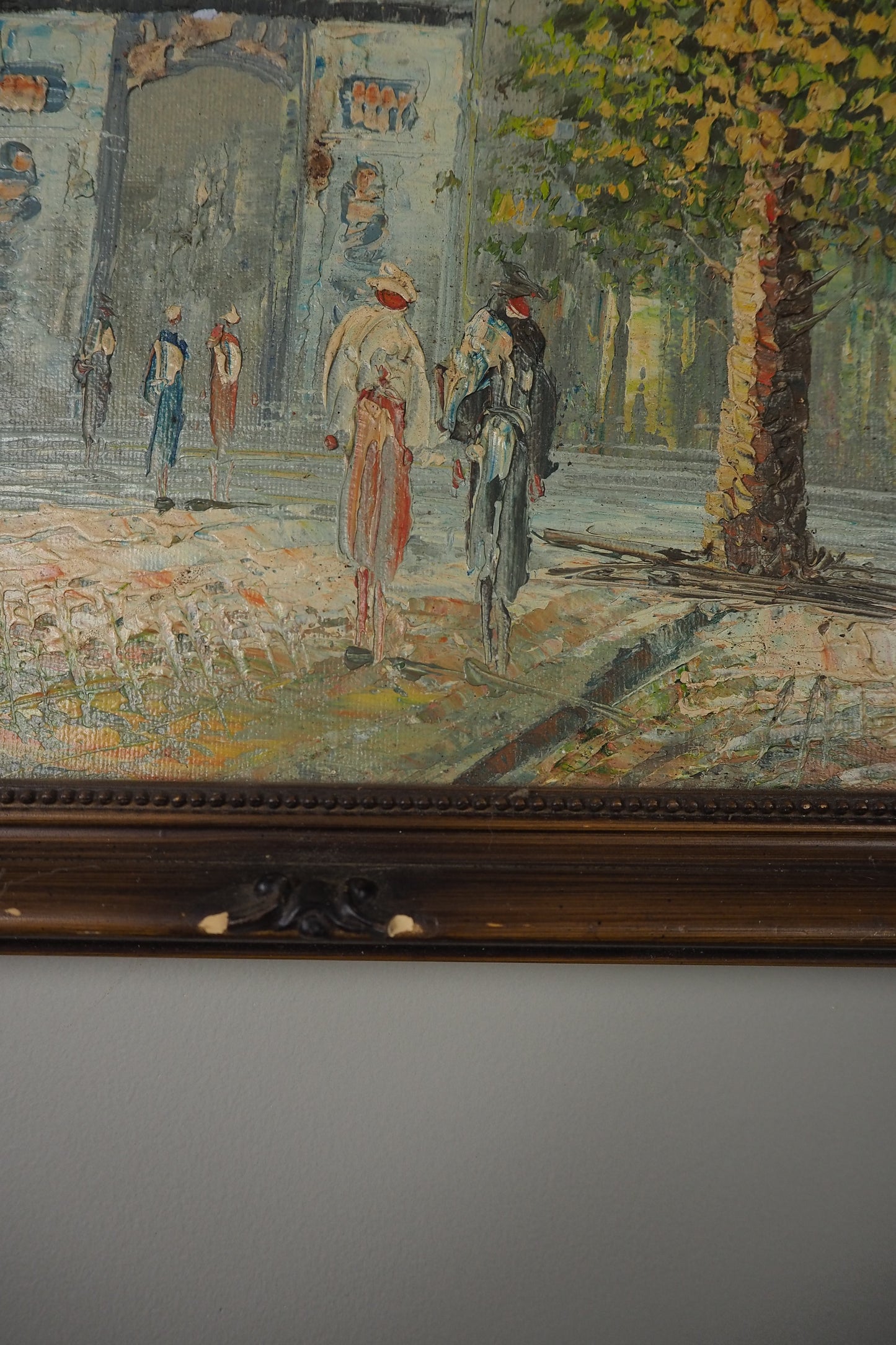 Midcentury Impressionist Paris Street Scene Oil Painting in ornate wooden frame