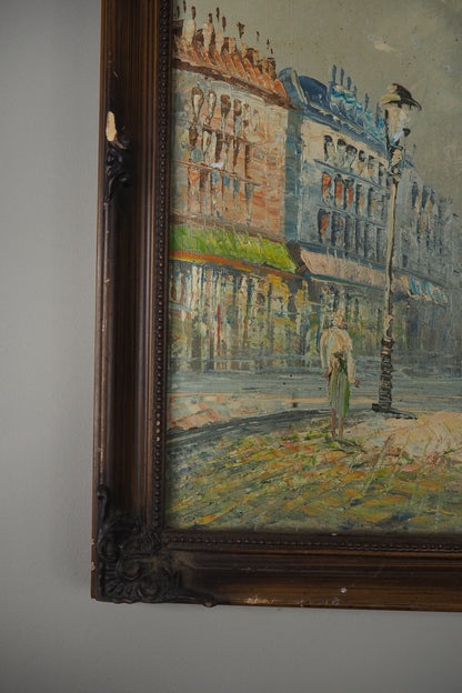 Midcentury Impressionist Paris Street Scene Oil Painting in ornate wooden frame