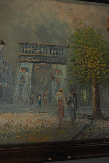 Midcentury Impressionist Paris Street Scene Oil Painting in ornate wooden frame