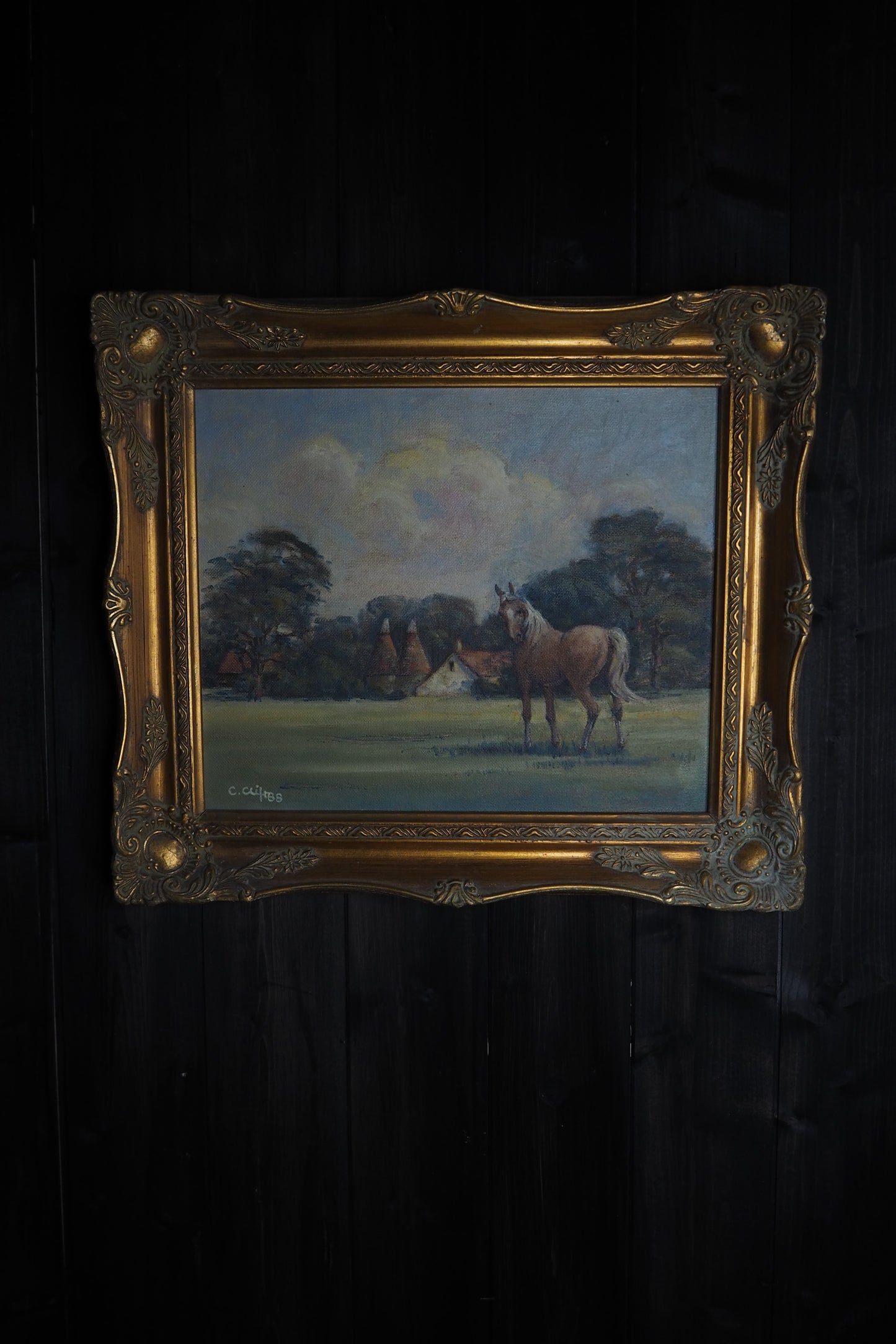 Charles Clift Original Oil Painting Landscape Farm Horse Antique Gold Ornate Frame
