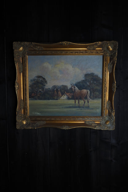 Charles Clift Original Oil Painting Landscape Farm Horse Antique Gold Ornate Frame