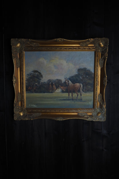 Charles Clift Original Oil Painting Landscape Farm Horse Antique Gold Ornate Frame