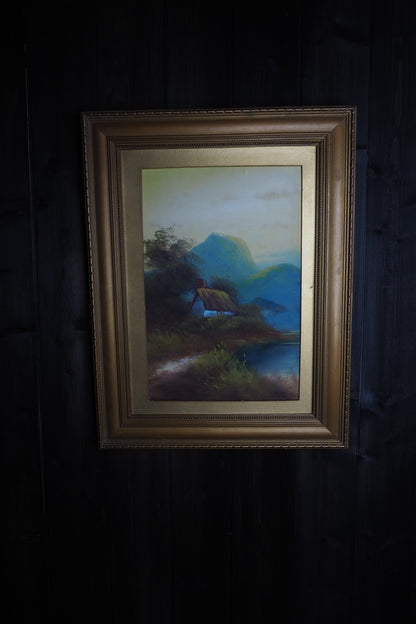 Landscape Oil Painting – Solitary House in Mountain Field