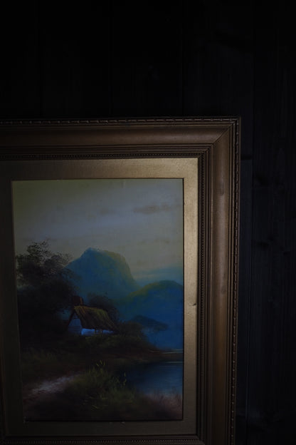 Landscape Oil Painting – Solitary House in Mountain Field
