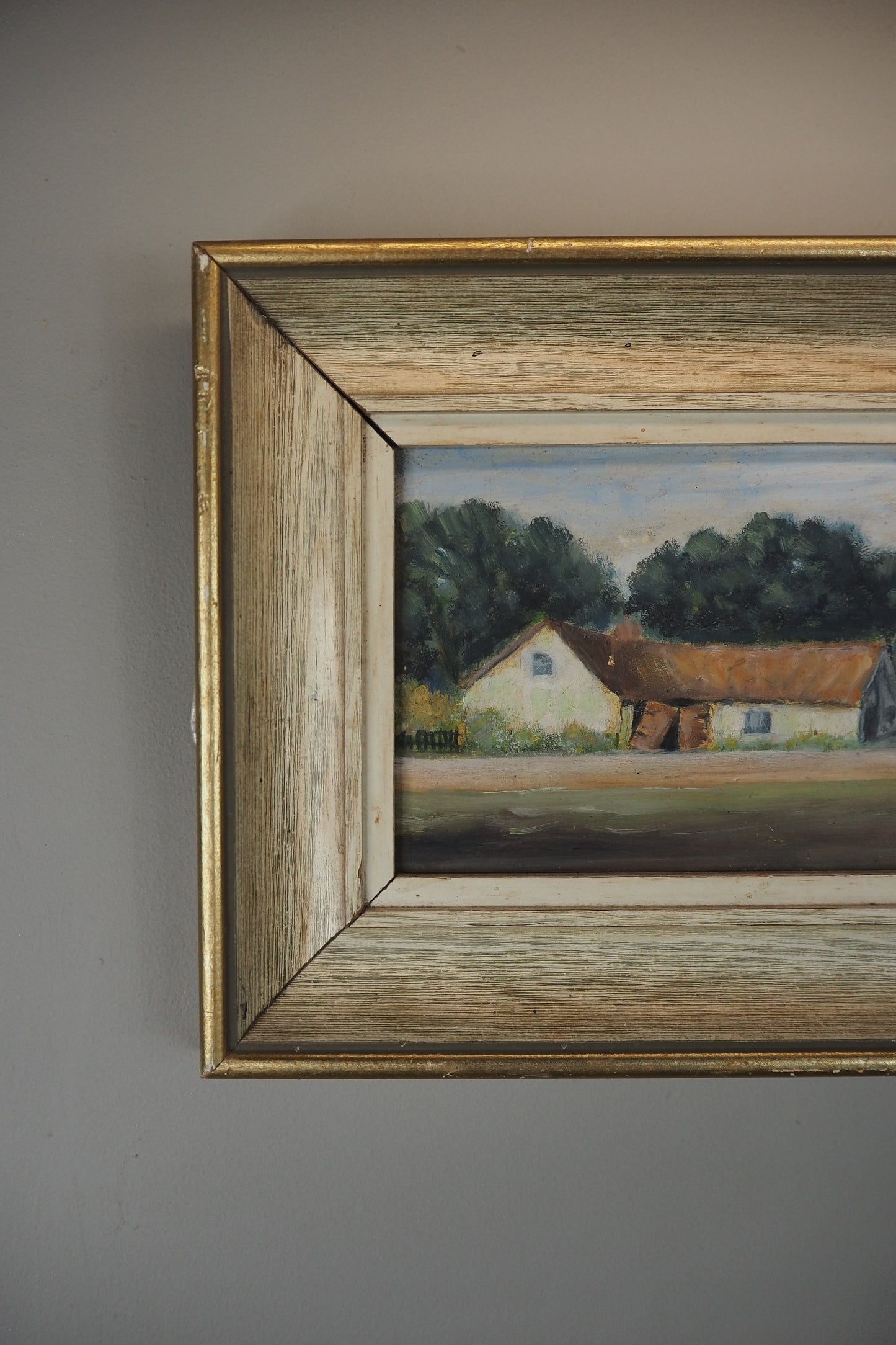 Early 20th Century Rural Countryside Landscape Oil Painting in White Frame