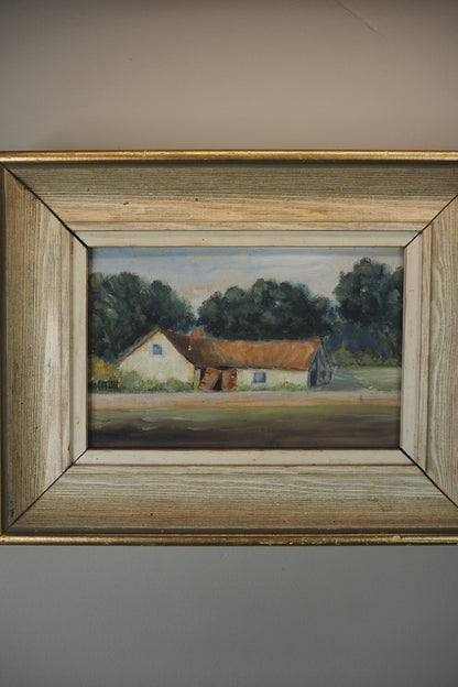 Early 20th Century Rural Countryside Landscape Oil Painting in White Frame