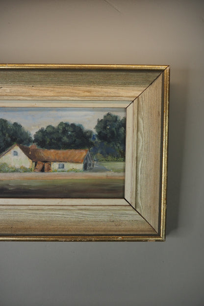 Early 20th Century Rural Countryside Landscape Oil Painting in White Frame